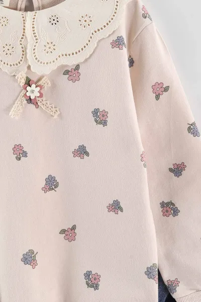 Pembe (1-9 Yaş ) Güpür Yaka  Sweatli Kot Pantolonlu Kız Çocuk 2'li Takım 440121
