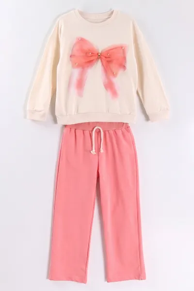 Pembe (1-9 Yaş)   İncili Fiyonk  Aksesuarlı  Bol Paça 2 İp Kız Çocuk Mevsimlik Takım 487362