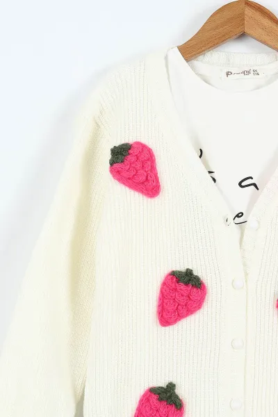 Pembe (1-9 Yaş)  Kısa Kol Çilek Baskılı  Tişörtlü Triko Hırkalı  ve Pantolonlu  Kız Çocuk 3'lü Takım 410339