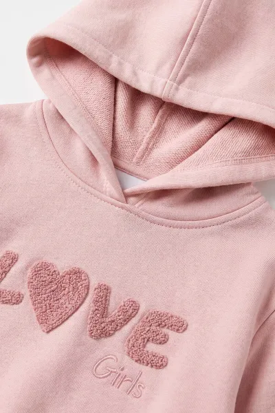 Pembe (1-9 Yaş) Love Nakışlı Kapüşonlu  3 İp Şardonlu Kız Çocuk Kışlık Takım 482833