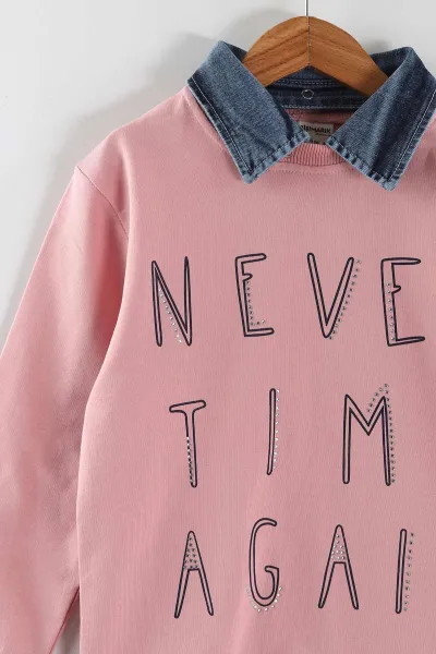 Pembe (1-9 Yaş) Never Taş  Baskılı Gömlek Yaka Kot Pantolonlu Kız Çocuk 2'li Takım 441597