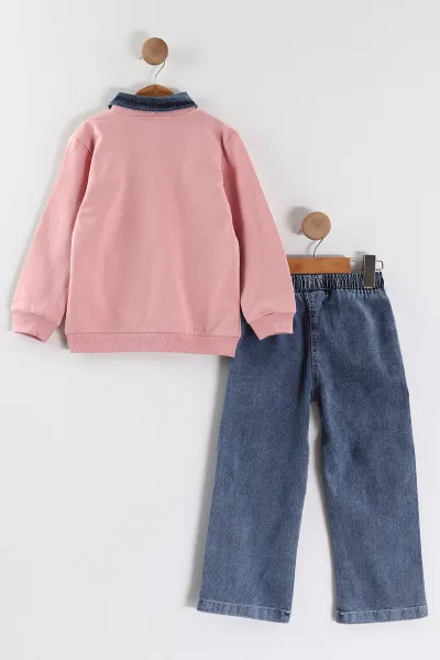 Pembe (1-9 Yaş) Never Taş  Baskılı Gömlek Yaka Kot Pantolonlu Kız Çocuk 2'li Takım 441597