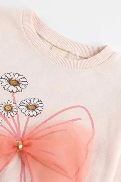 Pembe (1-9 Yaş) Papatya Baskılı Tül Aksesuarlı  Bol Paça 2 İp Kız Çocuk Mevsimlik Takım 487352