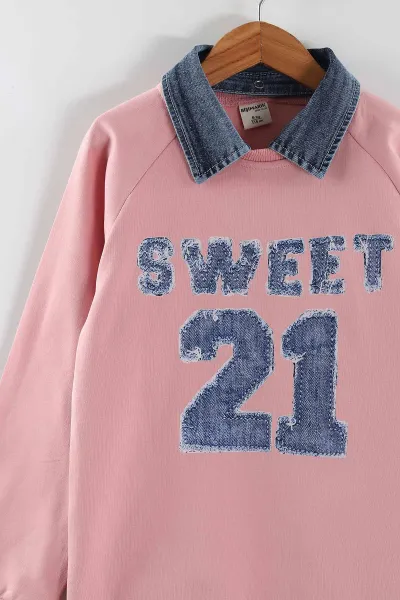 Pembe (1-9 Yaş) Sweet 21 Baskılı Gömlek Yaka Kot Pantolonlu Kız Çocuk 2'li Takım 441590