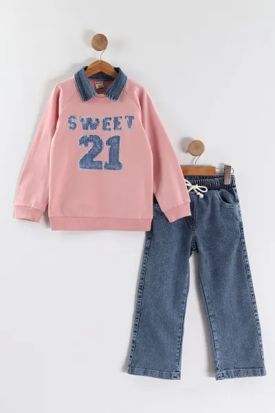 pembe-1-9-yas-sweet-21-baskili-gomlek-yaka-kot-pantolonlu-kiz-cocuk-2li-takim-441590