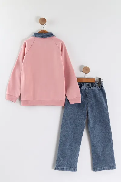 Pembe (1-9 Yaş) Sweet 21 Baskılı Gömlek Yaka Kot Pantolonlu Kız Çocuk 2'li Takım 441590