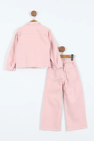Pembe (1-9 Yaş)Happy Baskılı Tişörtlü Gabardin Pantolon ve Ceketli    Kız Çocuk 3'lü Takım 413514