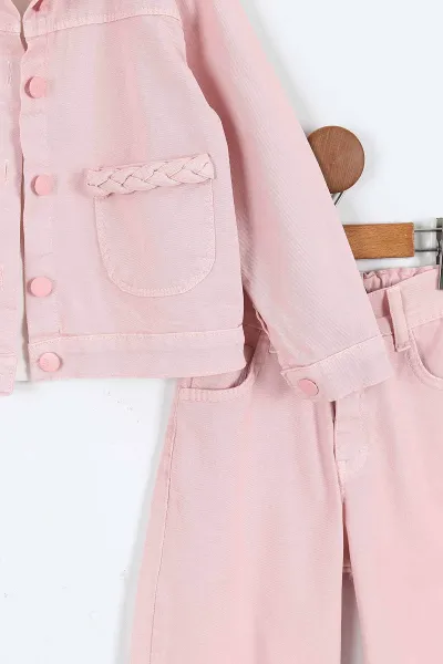 Pembe (1-9 Yaş)Happy Baskılı Tişörtlü Gabardin Pantolon ve Ceketli    Kız Çocuk 3'lü Takım 413514