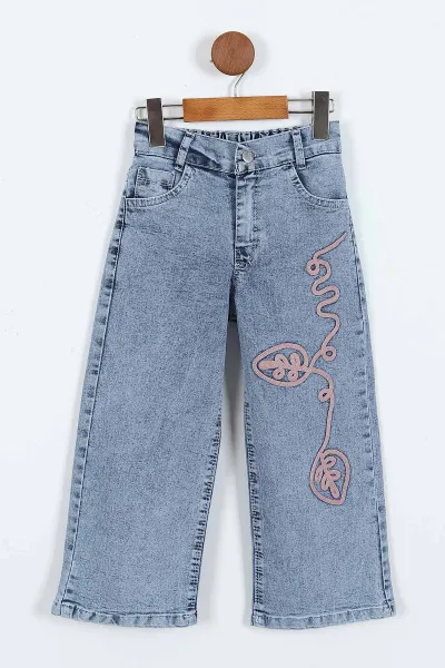 Pembe (1-9 Yaş)Nakışlı Kot Pantolonlu 2 İp Kız Çocuk Takım 413486
