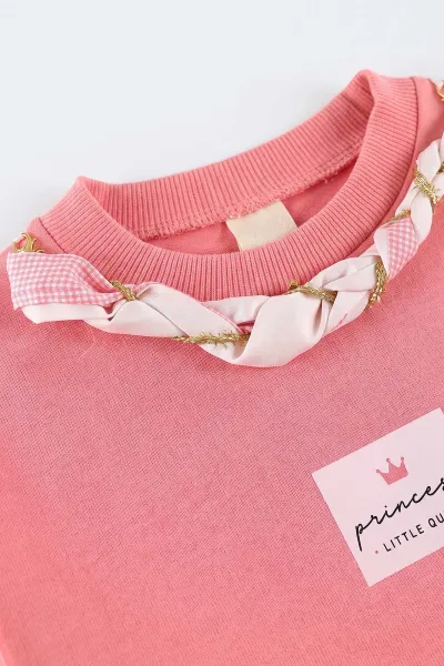 Pembe (1-9 Yaş)Yakadan Fularlı  Baskılı  Bol Paça 2 İp Kız Çocuk Mevsimlik Takım 487372