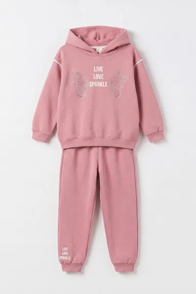 Pembe (10-14 Yaş) Kelebek Taş Baskılı Kapüşonlu 3 İp Şardonlu Kız Çocuk Kışlık Takım 498231