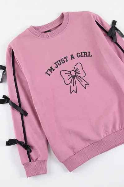 Pembe (10-14 Yaş) Kurdela Baskılı Kolları Fiyonklu 2 ip Kız Çocuk Mevsimlik Takım 500121