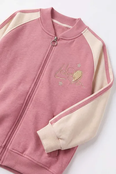 Pembe (10-14 Yaş) Love Nakışlı Yandan Şeritli 3 İp Şardonlu Kız Çocuk Kışlık Takım 498054