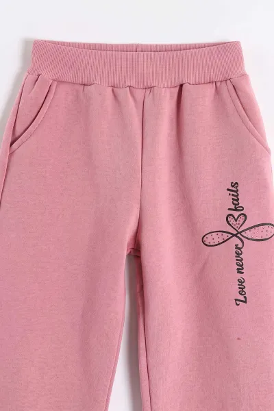 Pembe (10-14 Yaş) Taş Baskılı Kapüşonlu Yakası Yarım Fermuarlı 3 İp Şardonlu Kız Çocuk Kışlık Takım 498140