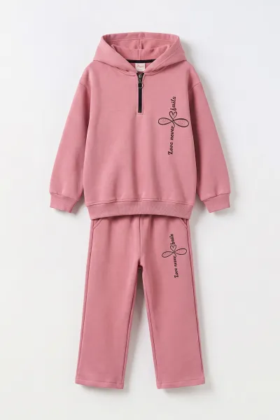 Pembe (10-14 Yaş) Taş Baskılı Kapüşonlu Yakası Yarım Fermuarlı 3 İp Şardonlu Kız Çocuk Kışlık Takım 498140