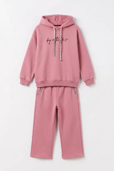 Pembe (10-14 Yaş) Yazı ve Taş Baskılı Kapüşonlu 3 İp Şardonlu Kız Çocuk Kışlık Takım 499087