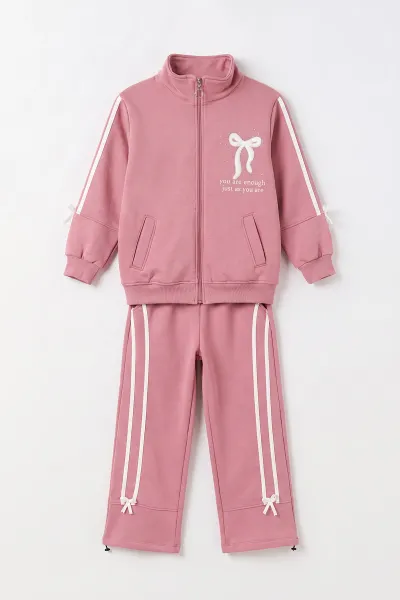 Pembe (10-14 Yaş)Fiyonk Nakışlı Serpme Taşlı Alt Stoperli  3 İp Şardonlu Kız Çocuk Kışlık Takım 499044