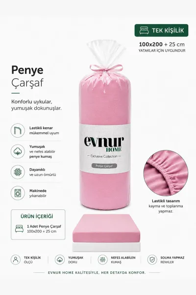 Pembe 100x200+25 Cm  Evnur Home Penye Tek Kişilik Fitted (Lastikli) Çarşaf 467377