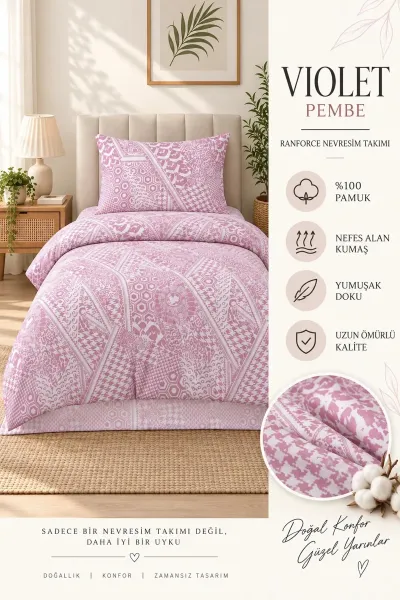 Pembe 160x220 Cm Bella Home Tek Kişilik Lastikli Çarşaf Nevresim Takımı 491126