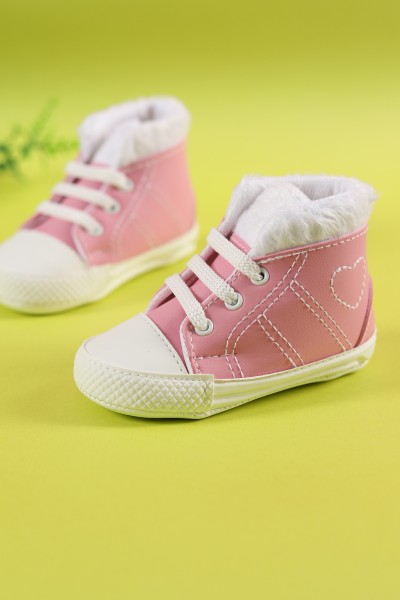 Pembe (18-19 Pappa) Kürklü Kalp Nakışlı Bilekli İlk Adım Kız Bebe Ayakkabısı 215418