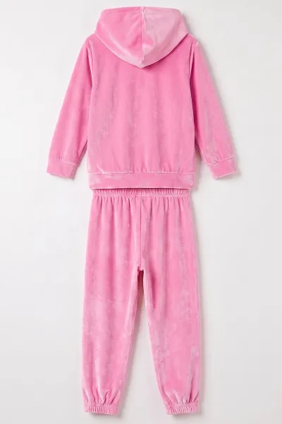 Pembe (2-10 Yaş)  Kapüşonlu Nakışlı  Kadife Kız Çocuk Takım 481262