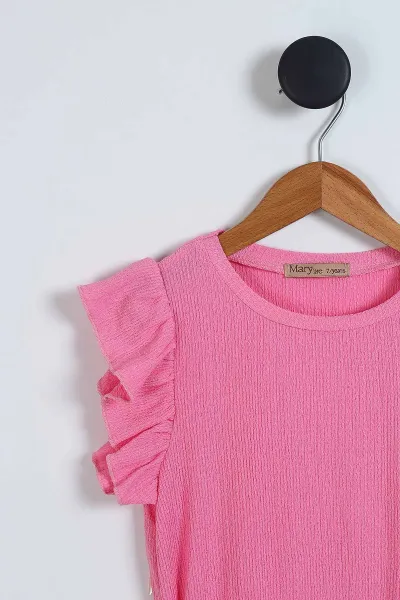 Pembe (2-10 Yaş) Kol Fırfırlı Bel Kemerli Bürümcük Kız Çocuk Elbise 342791