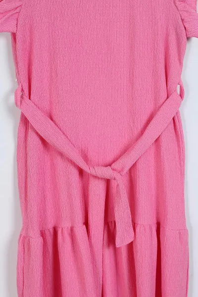 Pembe (2-10 Yaş) Kol Fırfırlı Bel Kemerli Bürümcük Kız Çocuk Elbise 342791