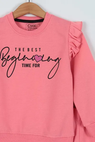 Pembe (2-11 Yaş) Baskılı Kol Fırfırlı Çimalı Kız Çocuk Takım 229365