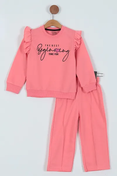 Pembe (2-11 Yaş) Baskılı Kol Fırfırlı Çimalı Kız Çocuk Takım 229365