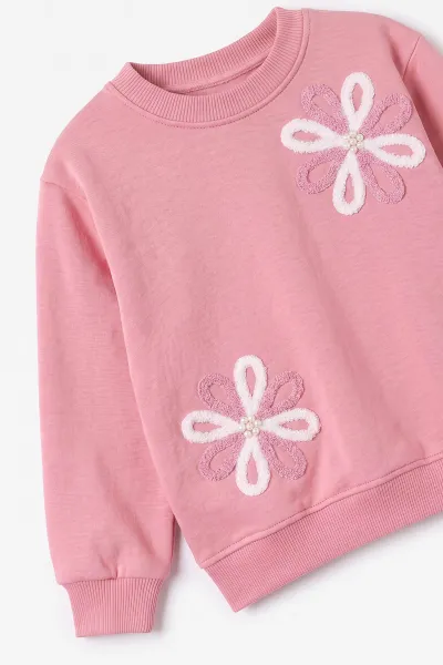 Pembe (2-11 Yaş)  Süzene Nakışlı İçi Şardonlu Kız Çocuk Sweatshirt 499987