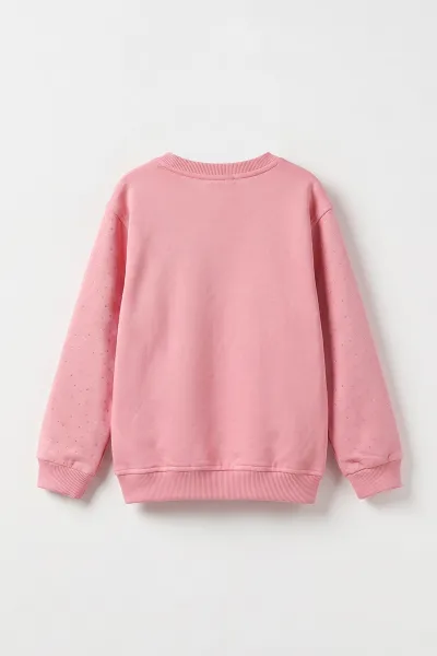 Pembe (2-12 Yaş) Kalp Nakışlı Taşlı  İçi Şardonlu Kız Çocuk Sweatshirt 483267