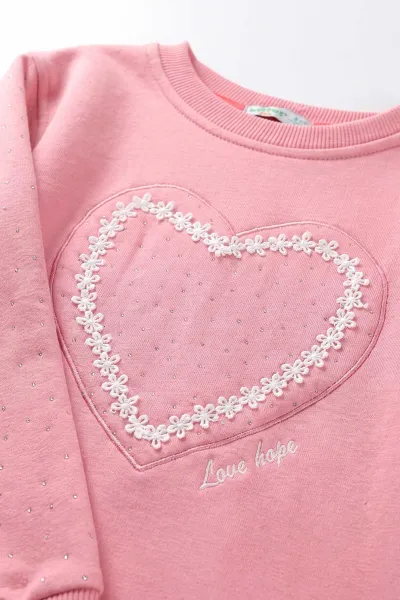 Pembe (2-12 Yaş) Kalp Nakışlı Taşlı  İçi Şardonlu Kız Çocuk Sweatshirt 483267