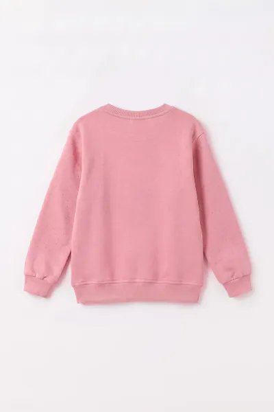 Pembe (2-12 Yaş) Kalpli Çiçek Nakışlı Taşlı  İçi Şardonlu Kız Çocuk Sweatshirt 483290