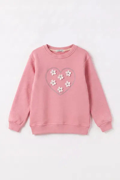 Pembe (2-12 Yaş) Kalpli Çiçek Nakışlı Taşlı  İçi Şardonlu Kız Çocuk Sweatshirt 483290