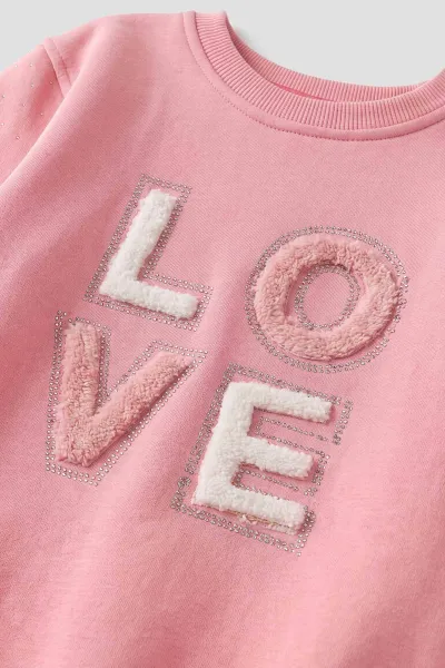 Pembe (2-12 Yaş) Love Nakışlı Taşlı  İçi Şardonlu Kız Çocuk Sweatshirt 483275