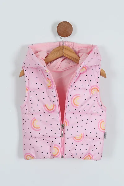 Pembe (2-4 Yaş) Gökkuşağı Desenli Kapüşonlu Kız Çocuk Yelek 287544