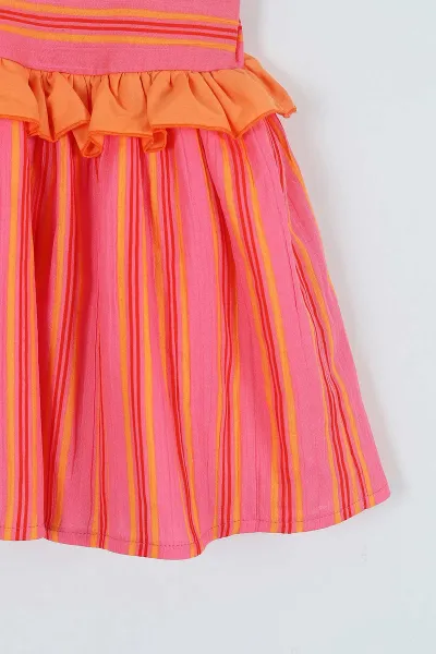 Pembe (2-5 Yaş) Arka Fiyonklu Çizgili Kız Çocuk Elbise 267316