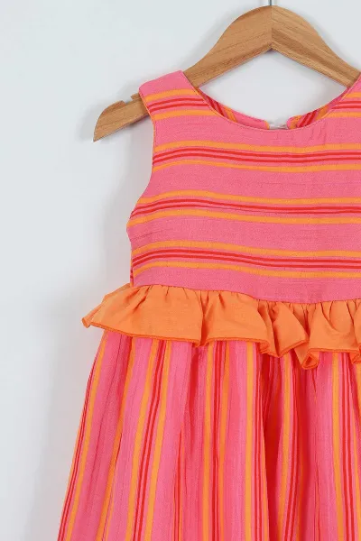 Pembe (2-5 Yaş) Arka Fiyonklu Çizgili Kız Çocuk Elbise 267316