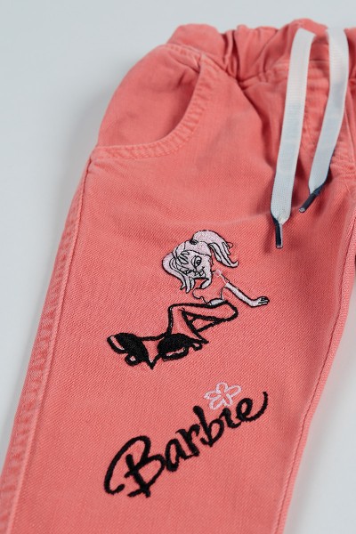 Pembe (2-5 Yaş) Barbie Baskılı Lastikli Kız Çocuk Kot Pantolon 91399