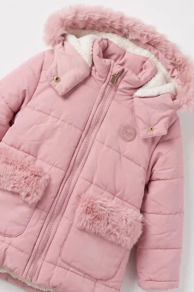 Pembe (2-5 Yaş) Cebi ve Kapüşonu Kürklü Şişme Kız Çocuk Mont 496715