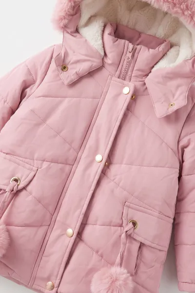 Pembe (2-5 Yaş)  Cep Üstü Ponponlu İçi Kürklü Kapüşonlu Kız Çocuk Şişme Mont 496630