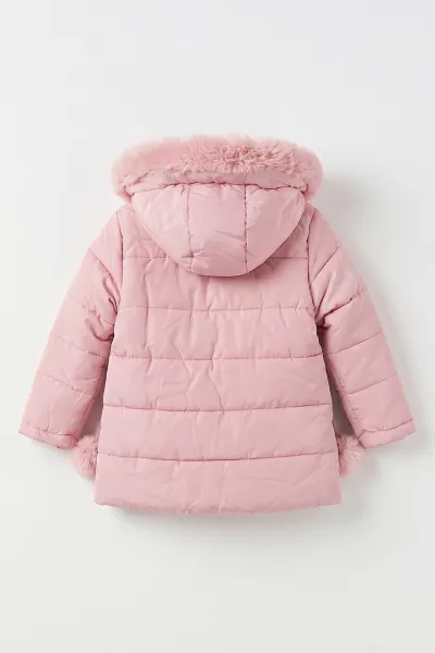 Pembe (2-5 Yaş)  Cep Üstü Ponponlu İçi Kürklü Kapüşonlu Kız Çocuk Şişme Mont 496630