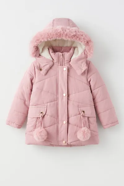 Pembe (2-5 Yaş)  Cep Üstü Ponponlu İçi Kürklü Kapüşonlu Kız Çocuk Şişme Mont 496630