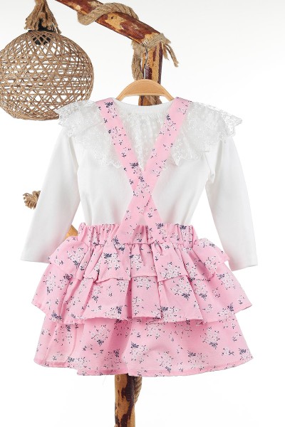 Pembe (2-5 Yaş) Çiçek Baskılı Dantelli Kız Çocuk Elbise 141476