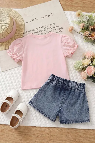Pembe (2-5 Yaş) İnci Baskılı Kot Etekli Kız Çocuk Takım 465013