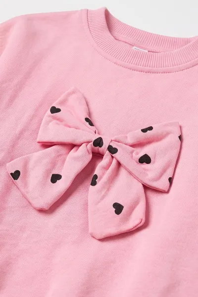 Pembe (2-5 Yaş) Kalp Baskılı Fiyonk Aksesuarlı Kız Çocuk Takım 475858