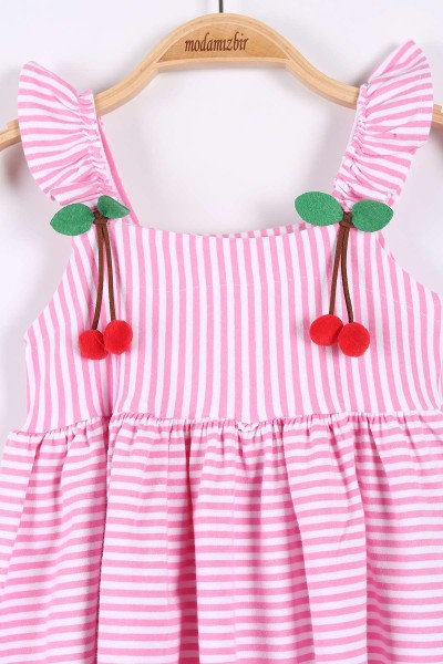Pembe (2-5 Yaş) Kiraz Motifli Kol Fırfırlı Çizgili Kız Çocuk Elbise 174763