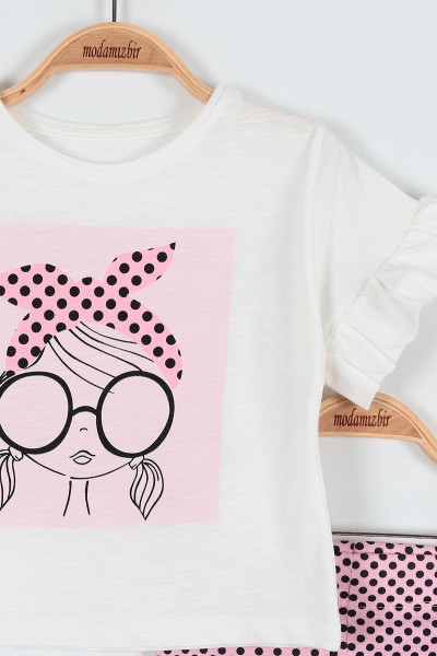 Pembe (2-5 Yaş) Puanlı Bandana Baskılı Taytlı Kol Fırfırlı Kız Çocuk Takım 186415