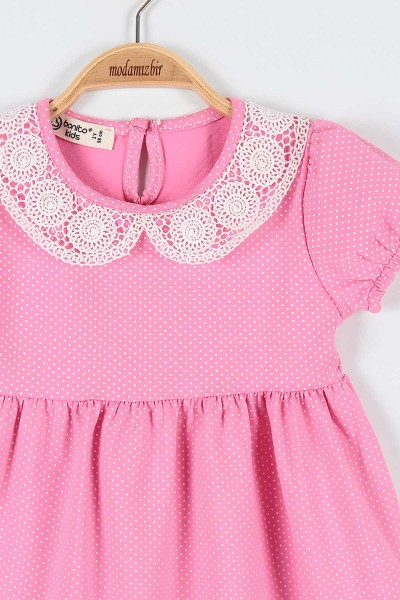 Pembe (2-5 Yaş) Puanlı Kol Lastikli Yaka Dantelli Kız Çocuk Elbise 177936