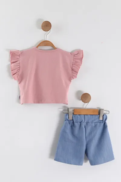 Pembe (2-5 Yaş) Taşlı Kol Fırfırlı Şortlu Kız Çocuk Takım 464657